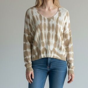 Freshman Tan And Ivory Tie-Dye V-Neck Knit Sweater